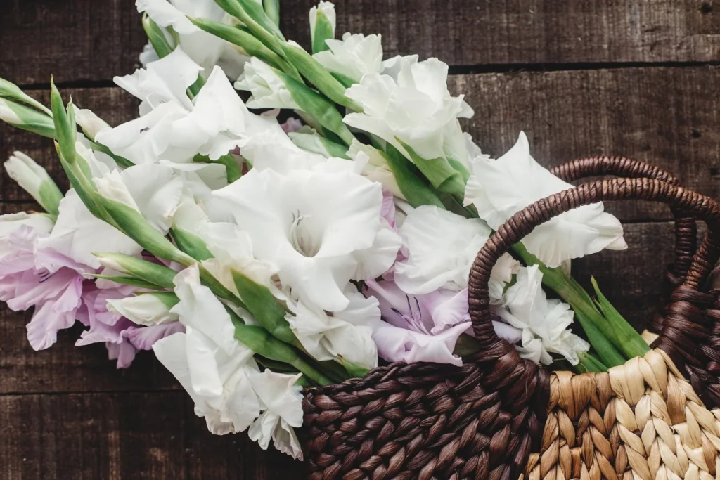 White and purple flowers in a woven basket on wooden surface