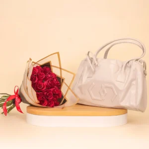 Cocan Beige Tote Bag with Hand Bouquet of 20 Red Roses